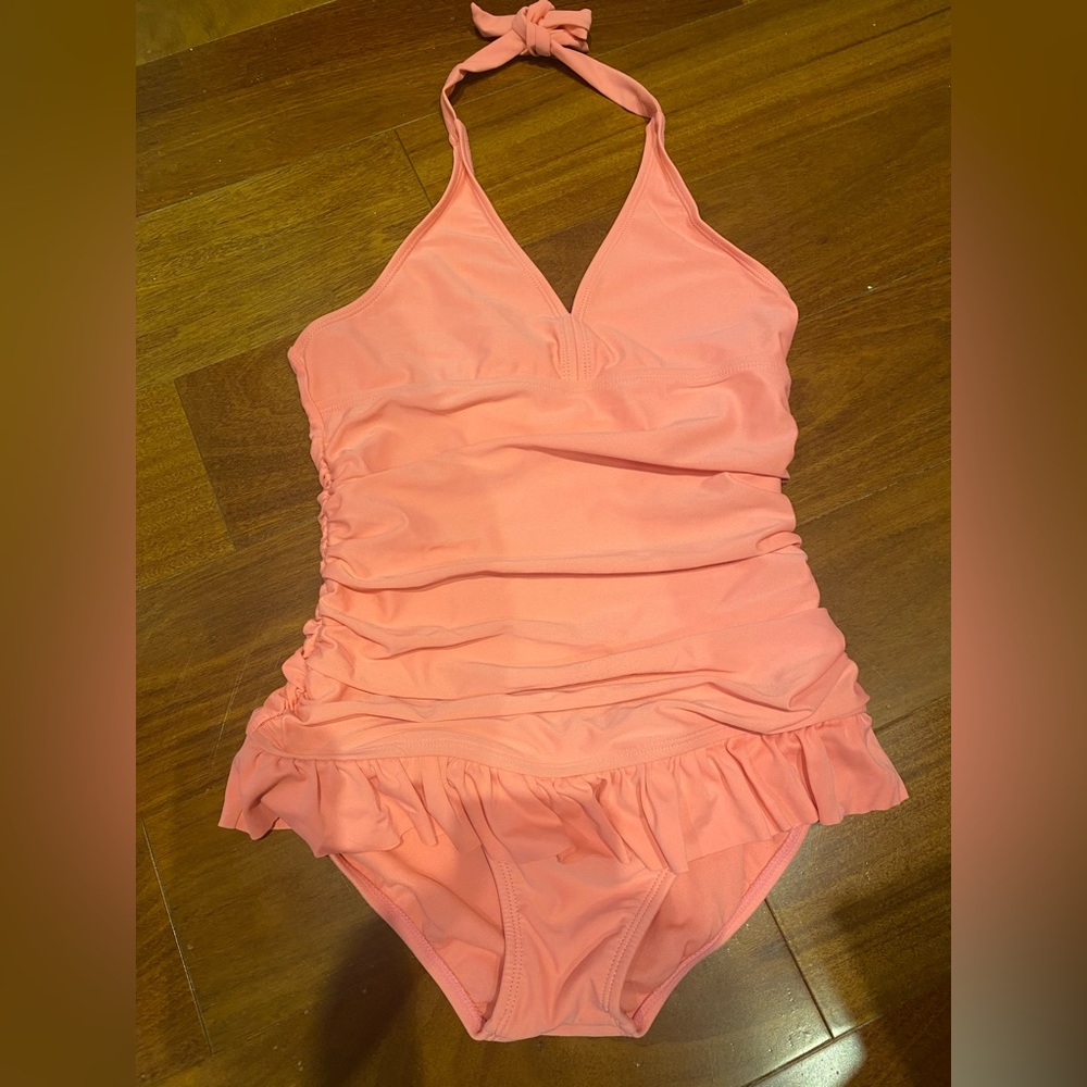 Girls bathing suit size 10/12 large light peach color halter top with ruffle